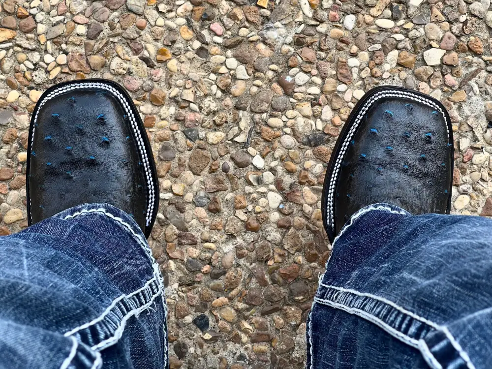 Men’s Black-Blue Ostrich Leather Boots With Red Soles