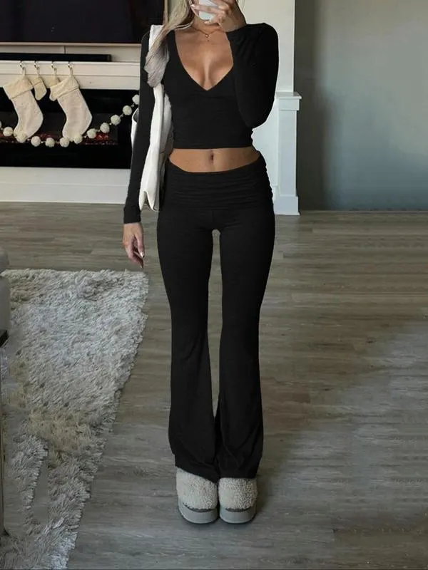Elegant Casual V-Neck Long Sleeve Basic Two-Piece Outfit Set