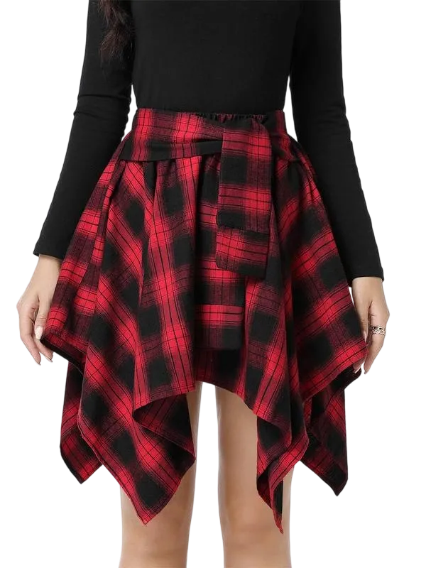 Women's Fashion Plaid Print Asymmetrical Hem High Waisted Skirt