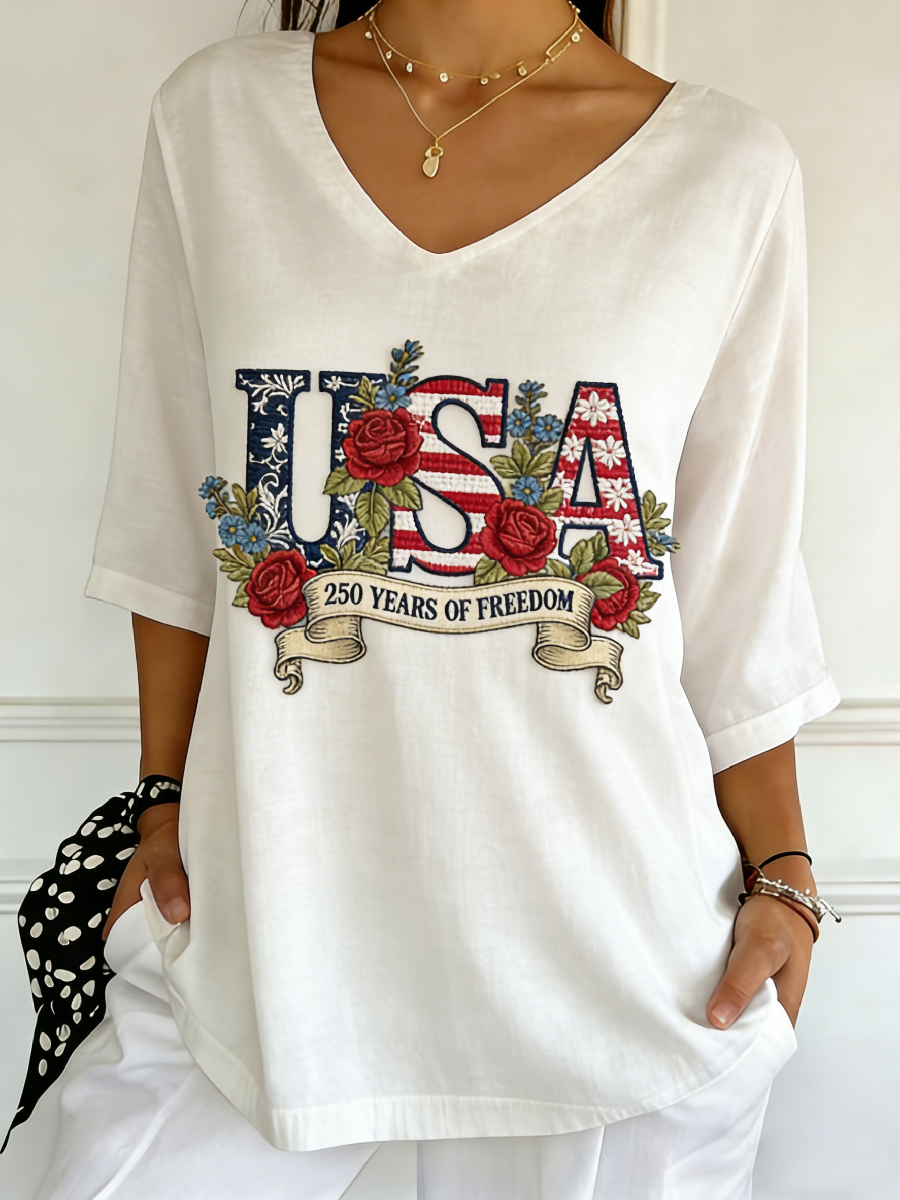 USA 250 Years Of Freedom Floral Embroidered V-Neck Top