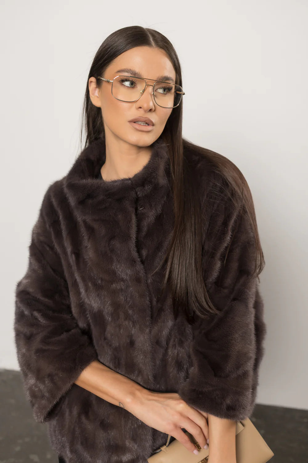 Haină din Blană Naturală de Vizon, Mâneci 3/4, Femei, Purple Brown 400