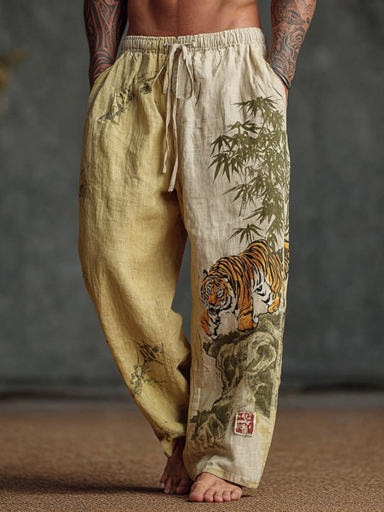 Men's Japanese Style Tiger And Bamboo Forest Retro Tie-dye Linen Trousers