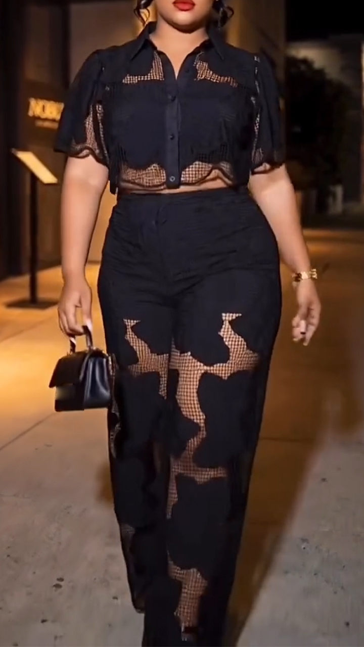 Womens Lapel Patchwork Hollow-Out Casual Suit