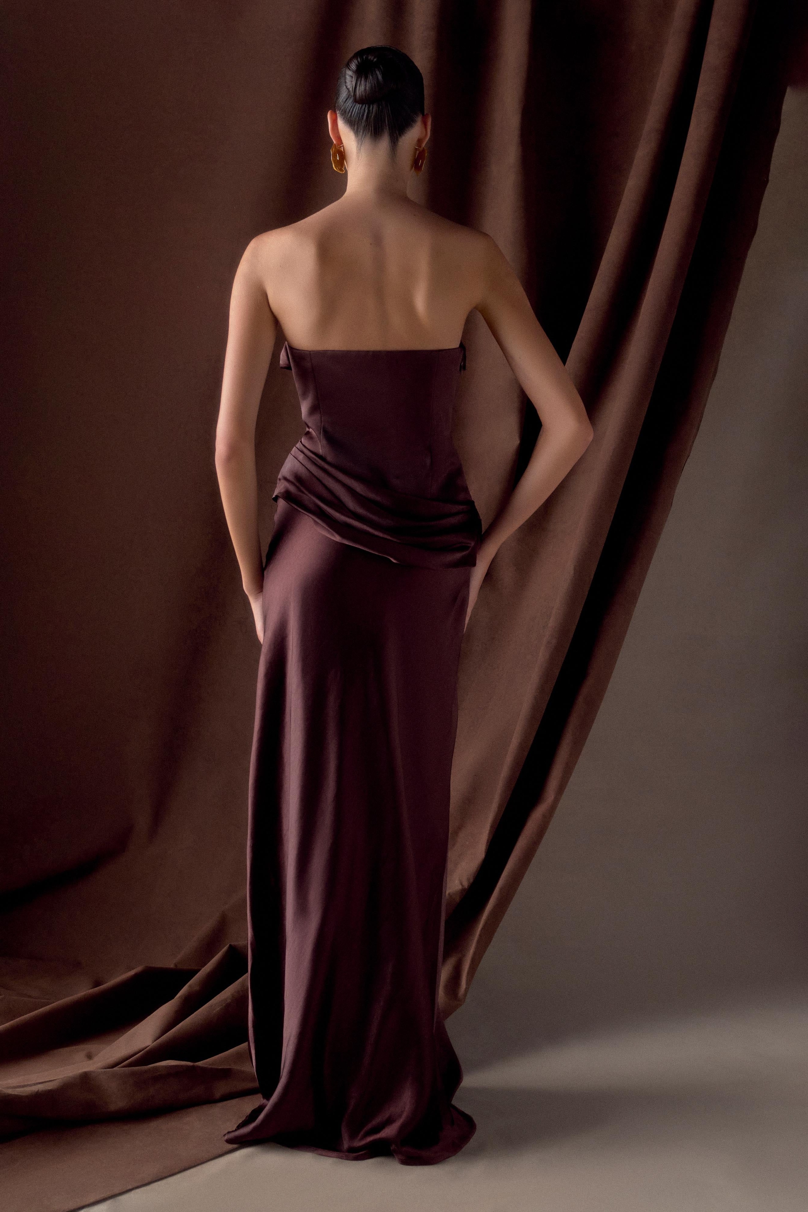 Chocolate Strapless Satin Maxi Dress