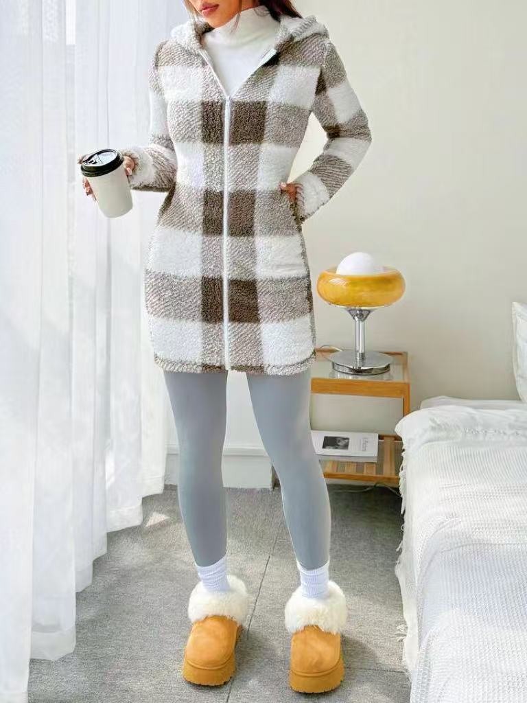 Women's Plaid Fleece Long Sleeve Hooded Coat, Casual Style, Moderate Fabric Thickness, All Seasons Wear, Comfortable Fit