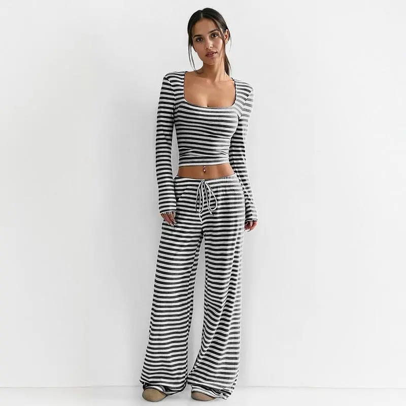 Women's Stripe Square Neck Long Sleeve Crop Top & Wide Leg Trousers Set