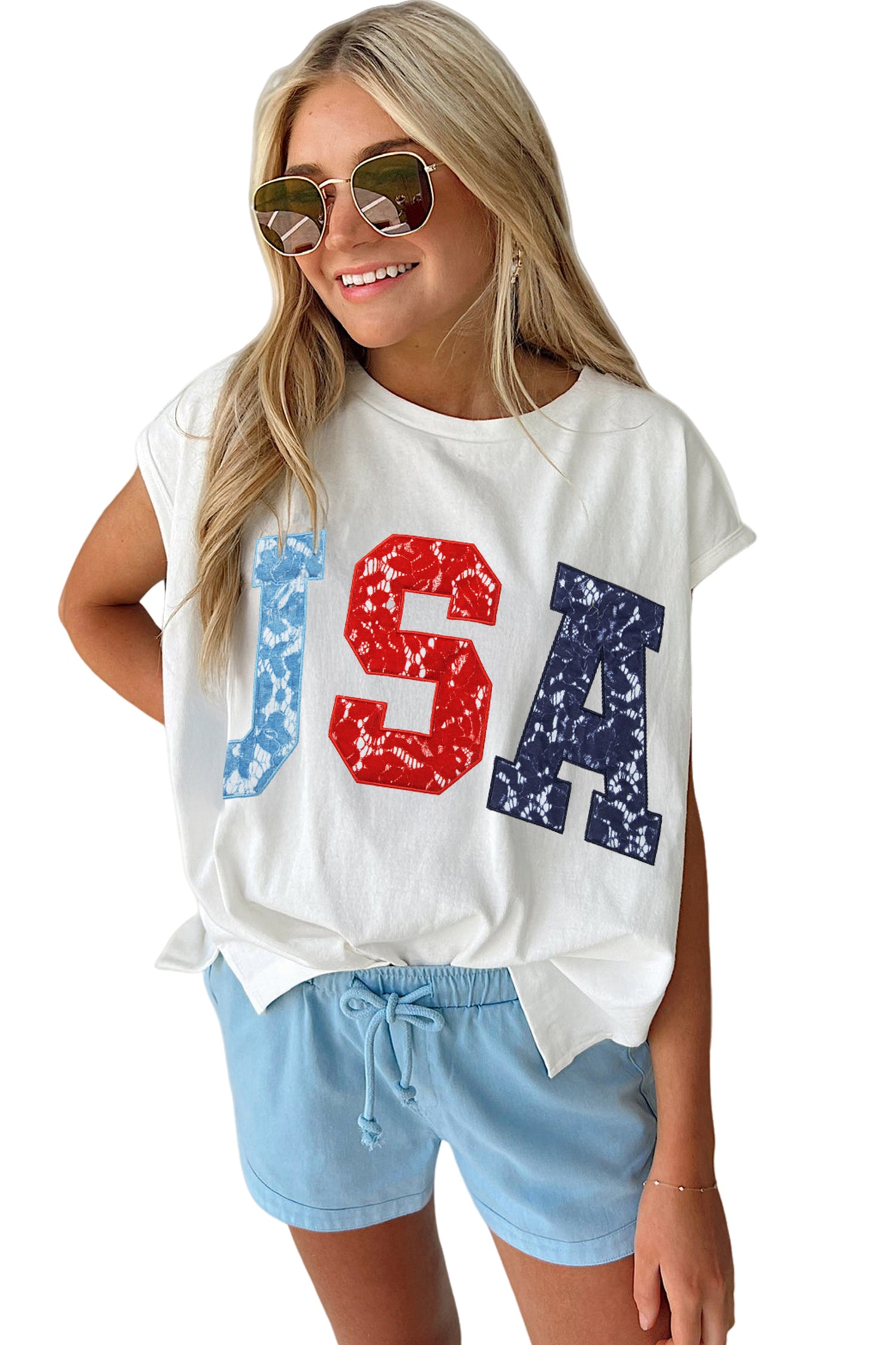 White Usa Color Block Letter Printed Dolman Tee