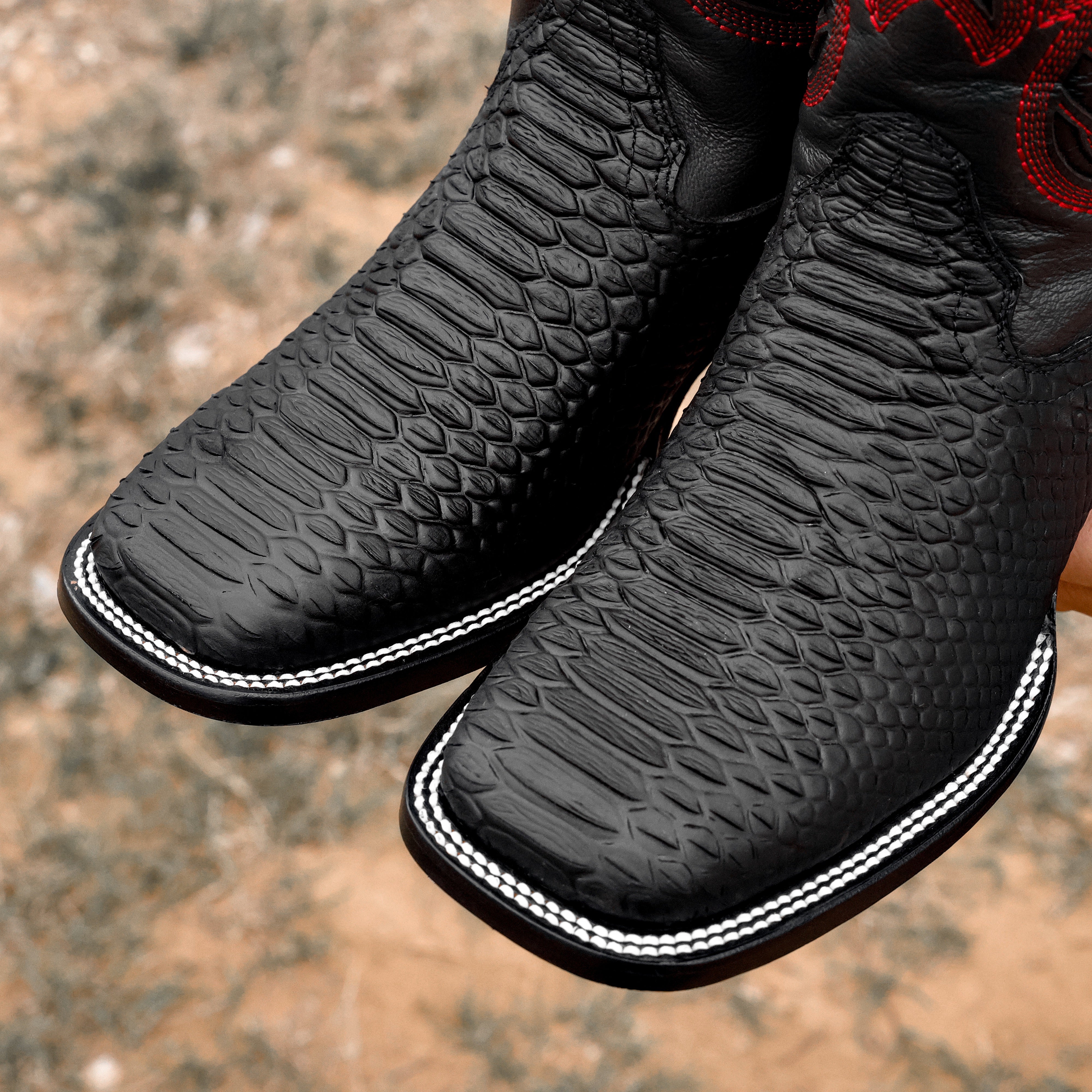 Matte Black Python Leather Boots - Square Toe