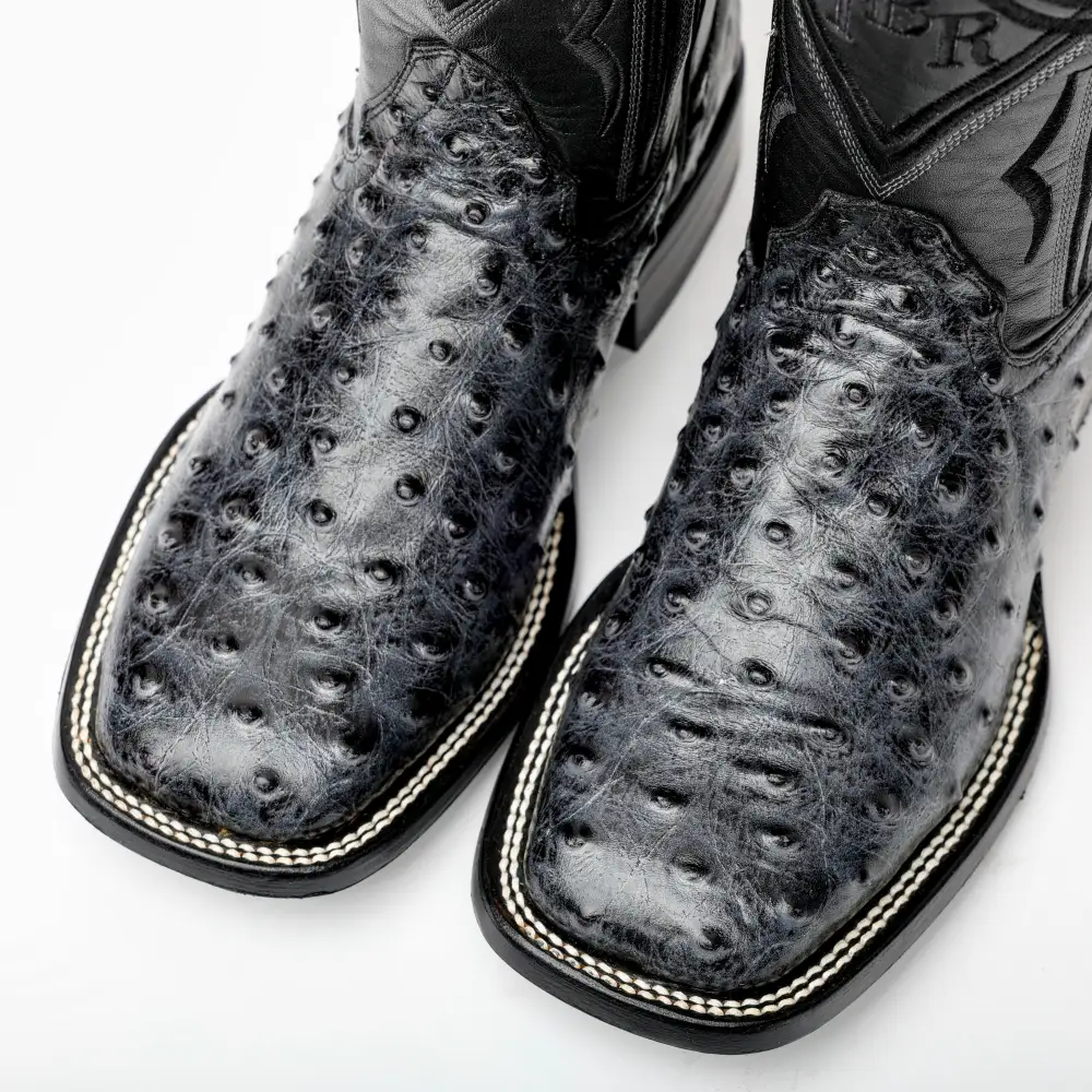 Grey Ostrich Leather Boots - Square Toe