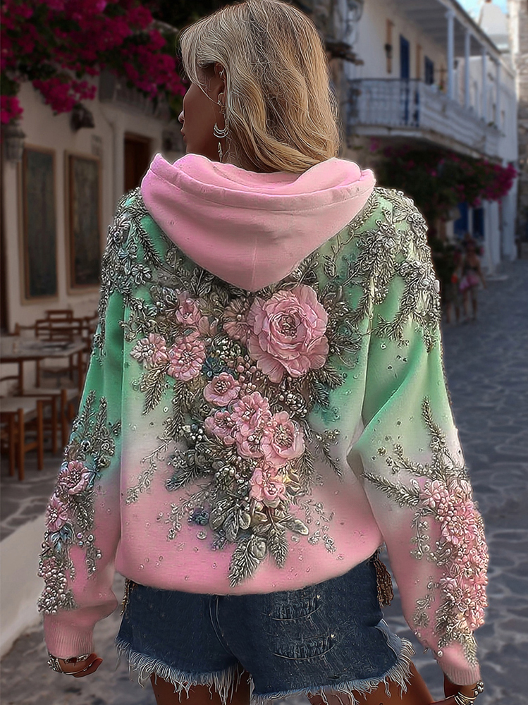 Women's Classic Rose Embroidery Art Comfy Hoodie