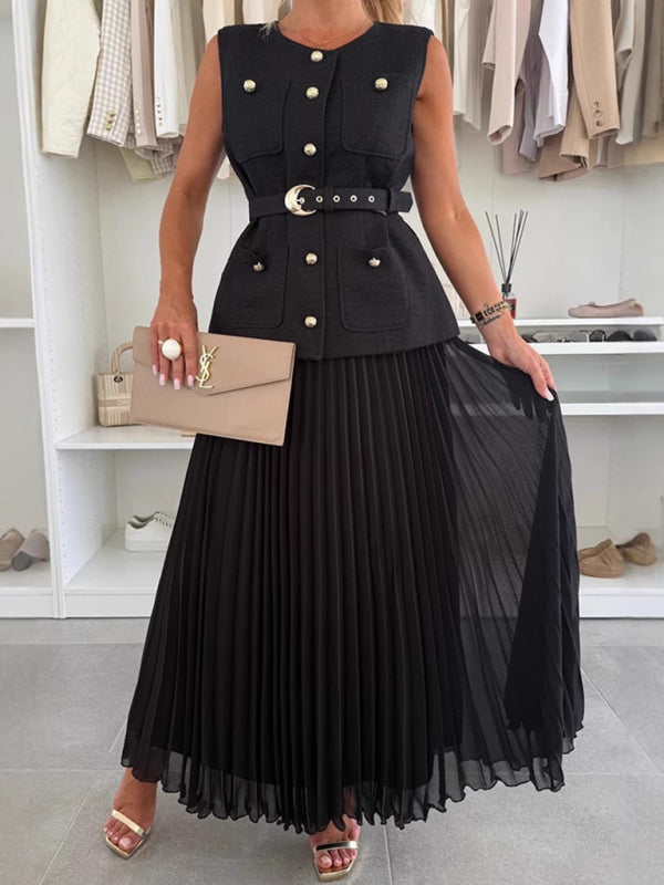Sleeveless Chanel style vest vest mesh pleated skirt two-piece set
