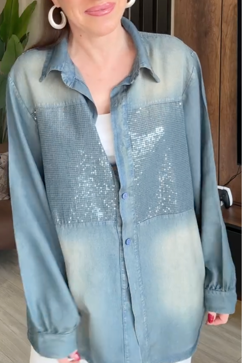 Women Collar Sequined Patchwork Tencel Denim Shirt