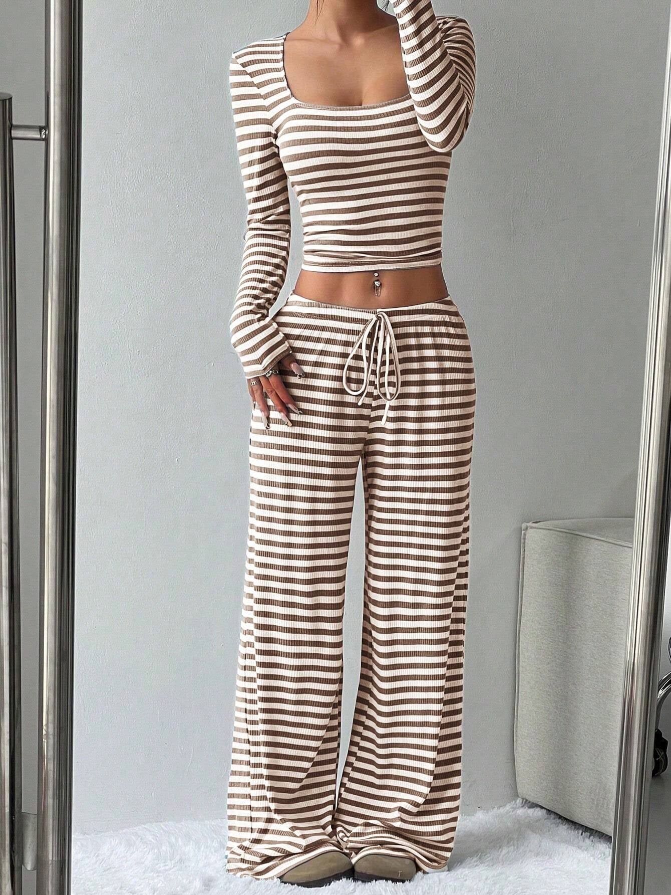 Women's Slouchy Square Neck Stripe Long Sleeve Crop Top & Low-Rise Wide Leg Trousers Co-ord, Minimalist Two Piece Outfits, Cozy Womenswear