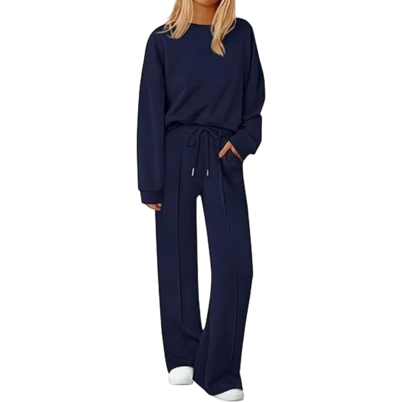 Women Fall Trendy Long Sleeve Sweatshirt Wide Leg Pants