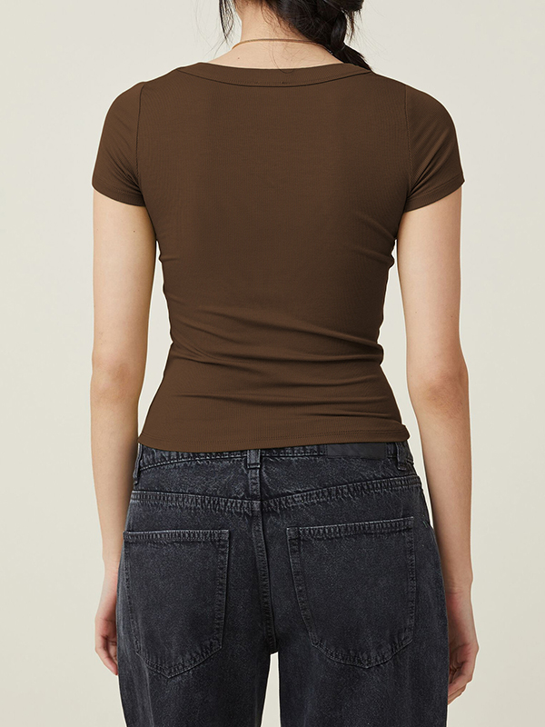 Solid Color Short Sleeves Skinny Square-neck T-Shirts Tops