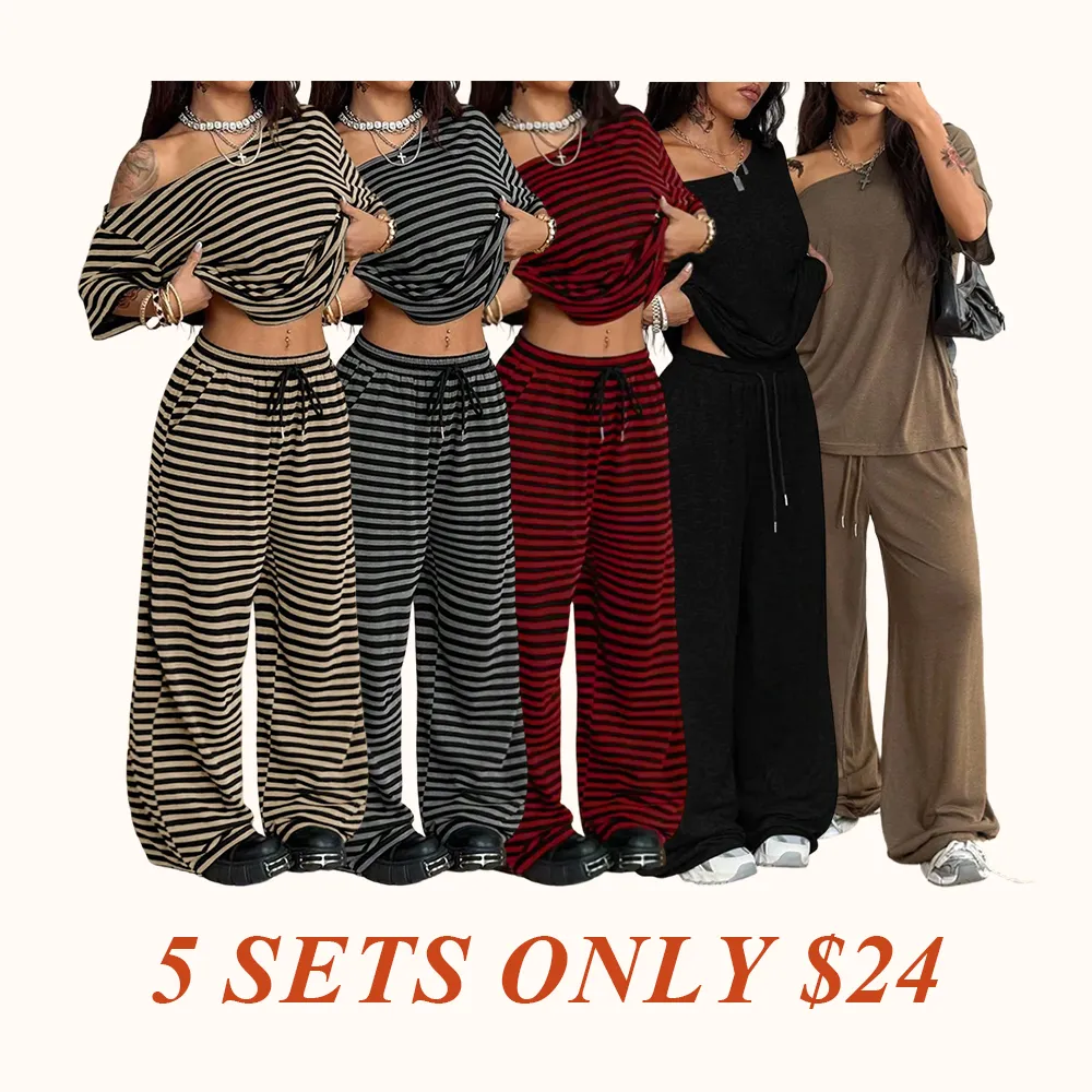 Women's Casual Streetwear Two-Piece Set, Comfortable Shoulder-Exposed Top & Wide-Leg Pants