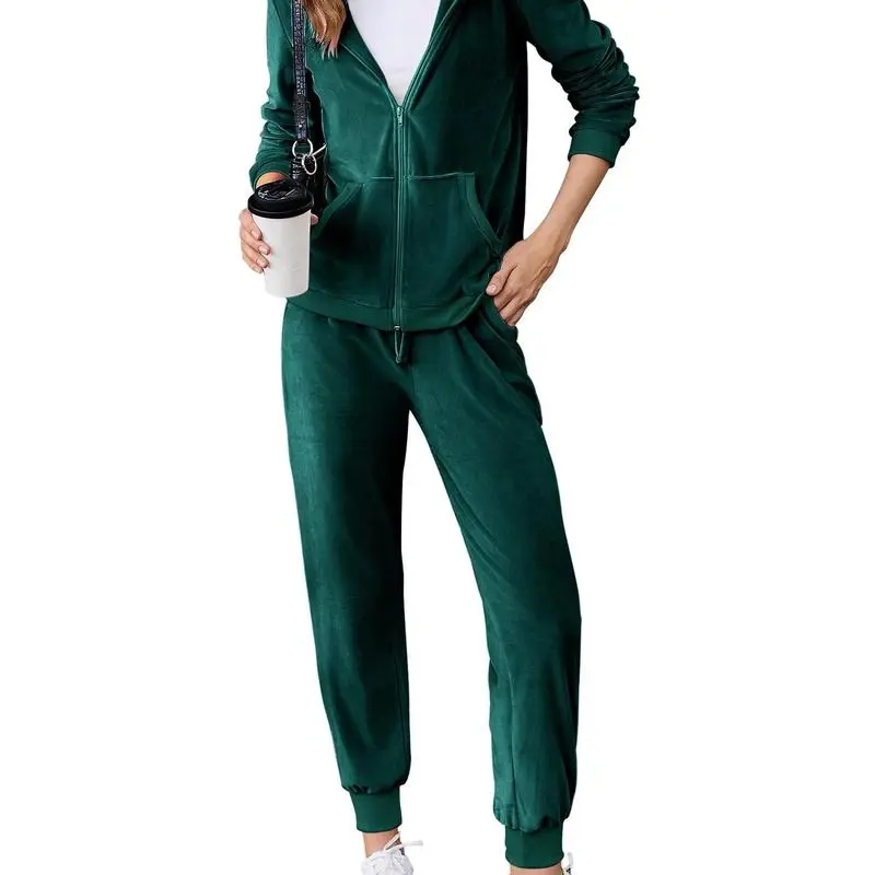 Women's Casual Velour Tracksuit Set Full Zipper Hoodie & Workout Pants Velvet