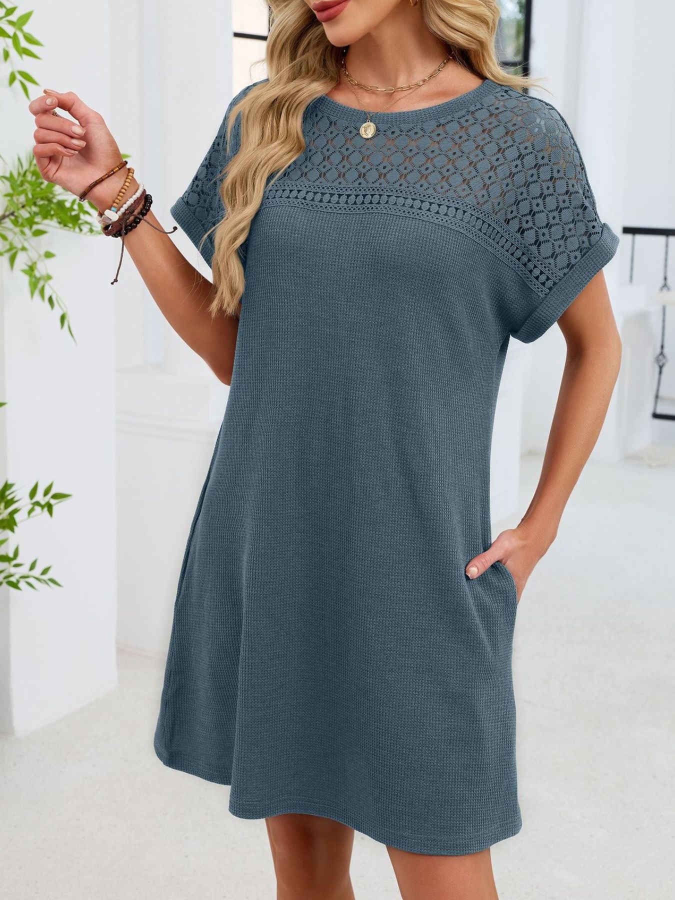 Lace Round Neck Short Sleeve T-Shirt Dress