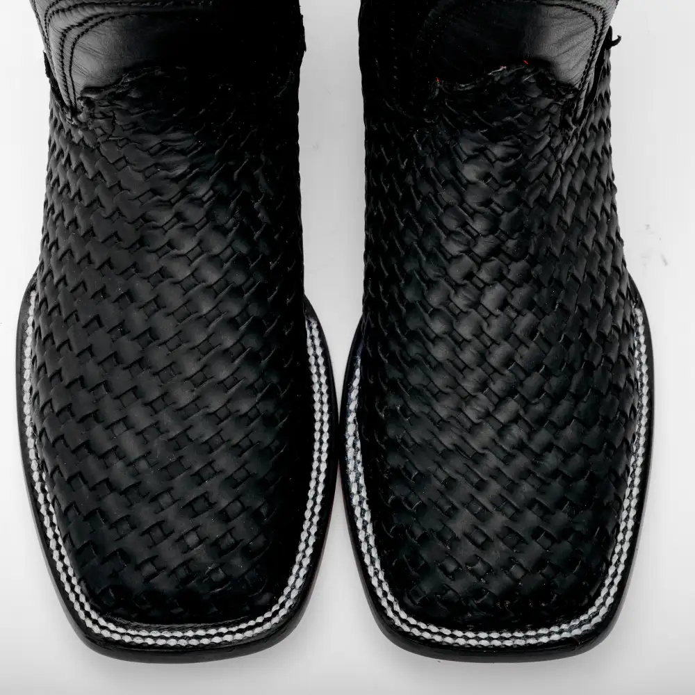 Black Basketweave Leather Boots - Square Toe