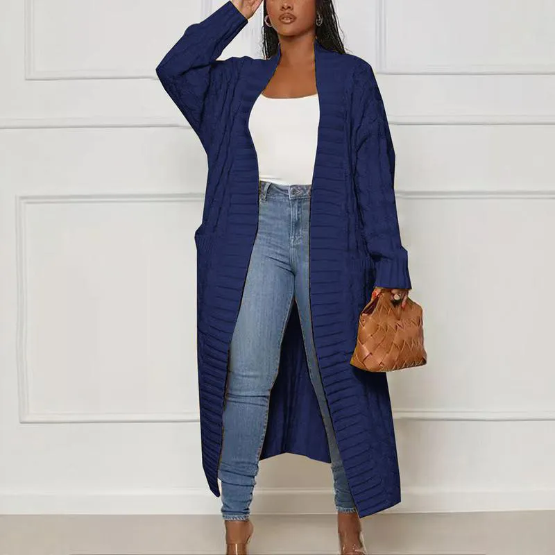 Women's Solid Color Textured Drop Shoulder Pocket Longline Cardigan