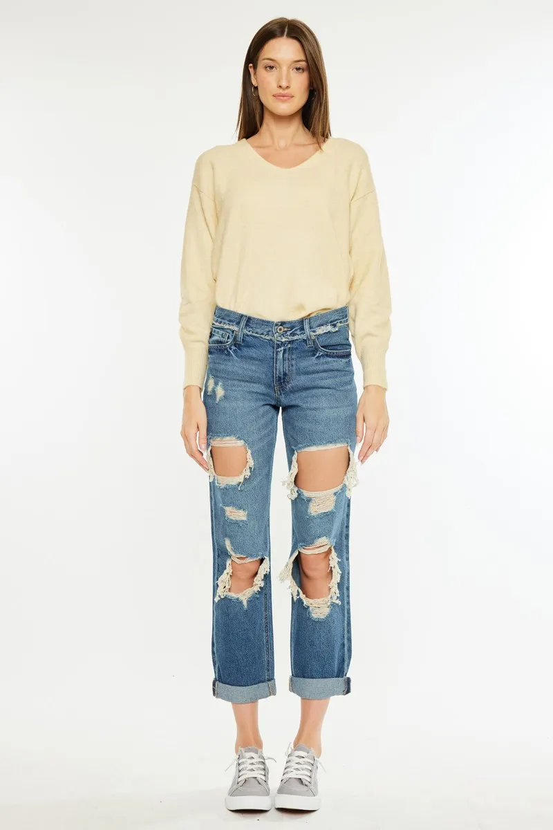 Distressed Mid Rise True Boyfriend Jeans