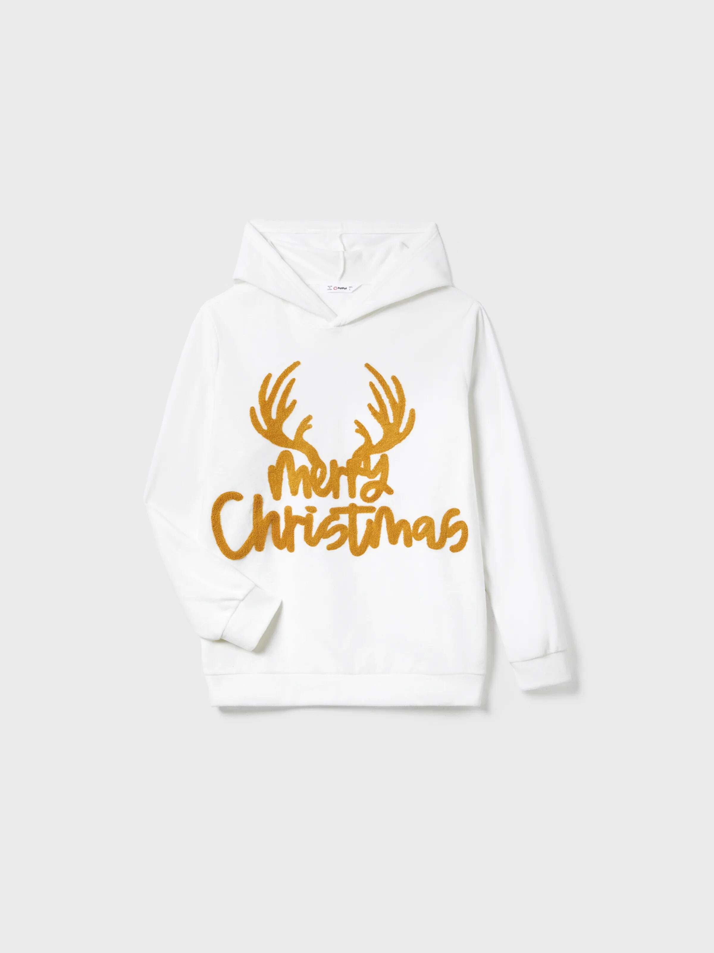 Christmas Family Matching Letters Embroidered Long-sleeve Hooded Fleece Pajamas Sets with Christmas Socks White