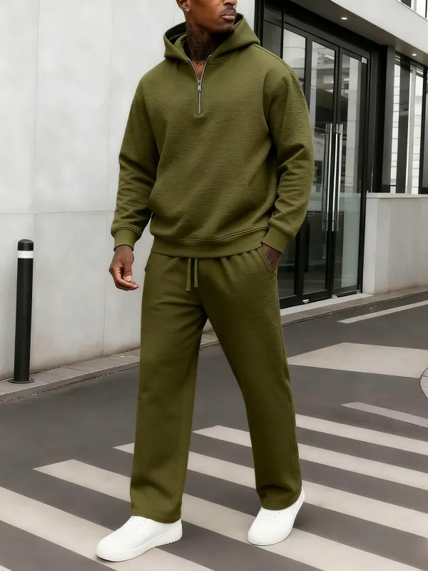 Men's Plain Two-piece Sweatsuit Set, Basic Regular Fit Casual Drop Shoulder Half Zip Hoodie & Pocket Drawstring Sweatpants