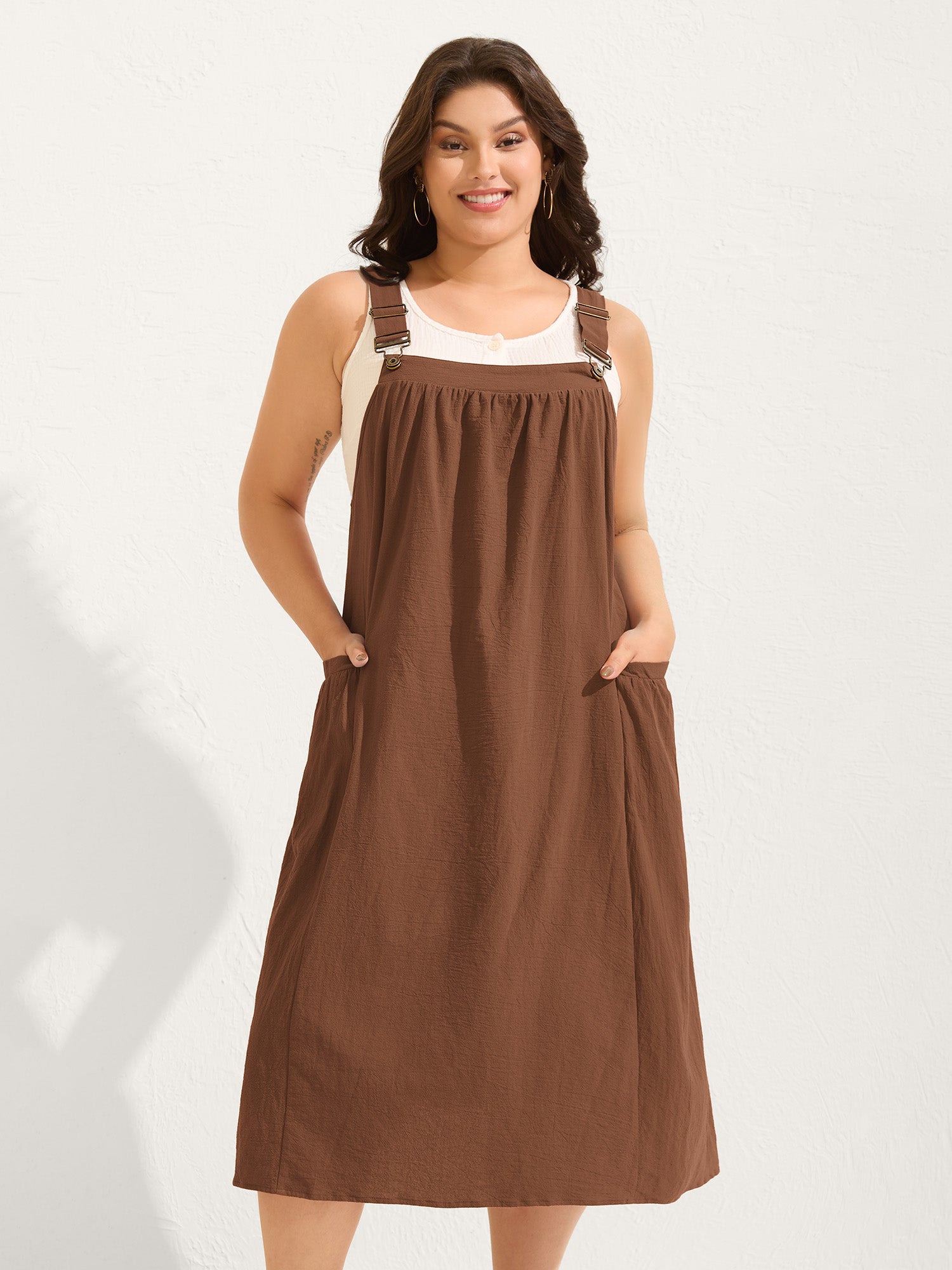 Pure Cotton Pleated Pockets Midi Dress
