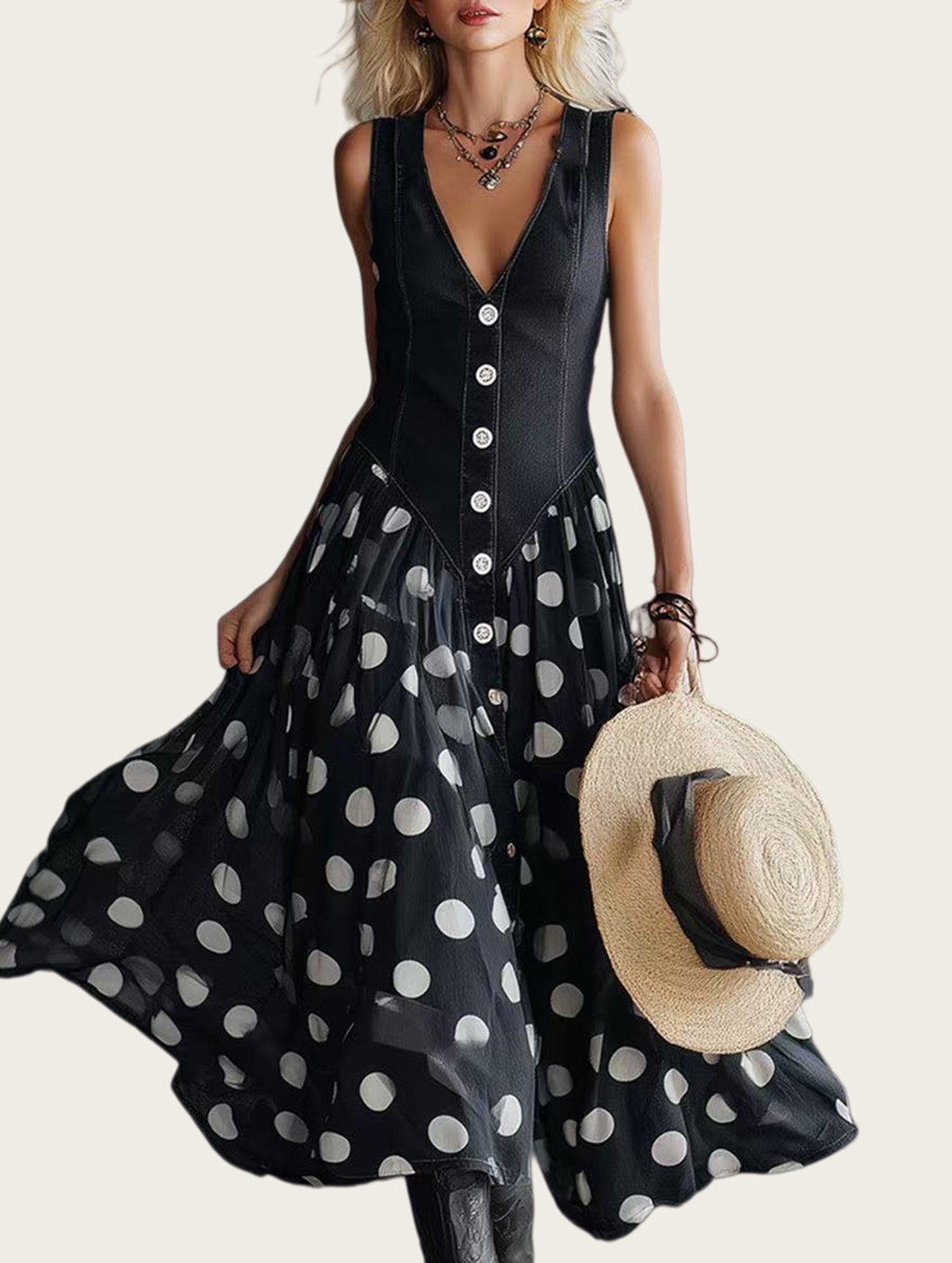 Denim Patch Polka Dot Maxi Dress