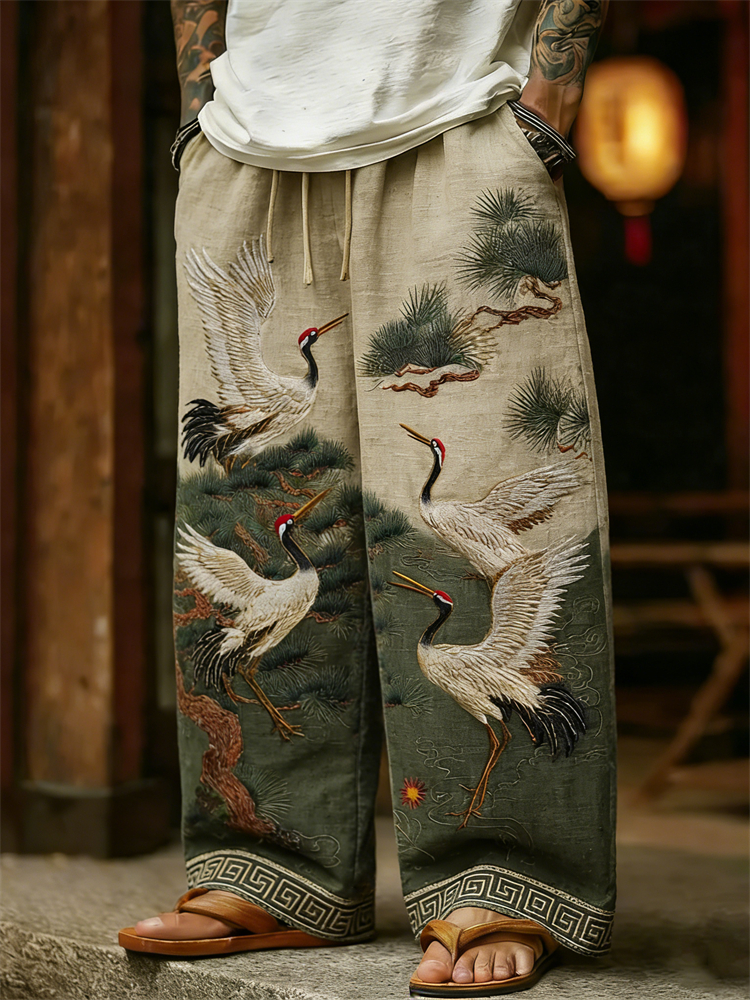 Men's Cranes & Pine Trees Japanese Art Linen Pants