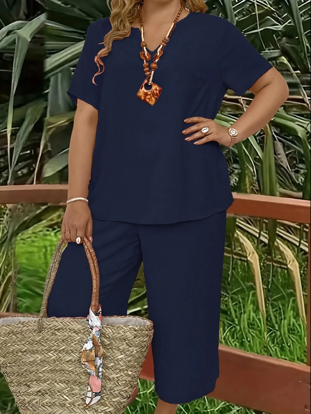 Women's Solid Color Short Sleeve Fashion Top & Casual Wide Leg Pants Set, Summer, Comfortable & Stylish