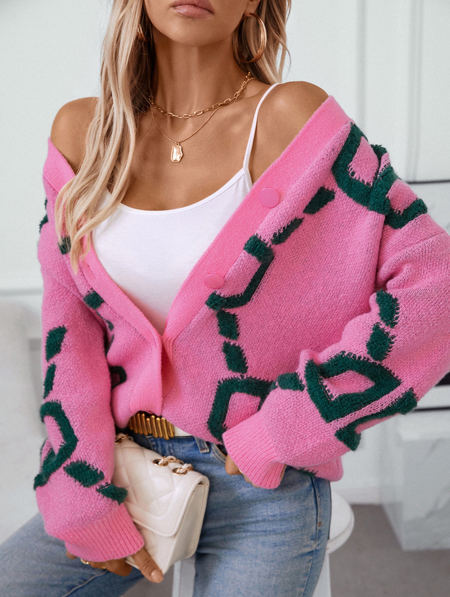 Letter Embroidered Button Knit Long Cardigan