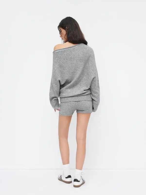 Asymmetrical Neck Long Sleeve Top & Low Rise Shorts Set