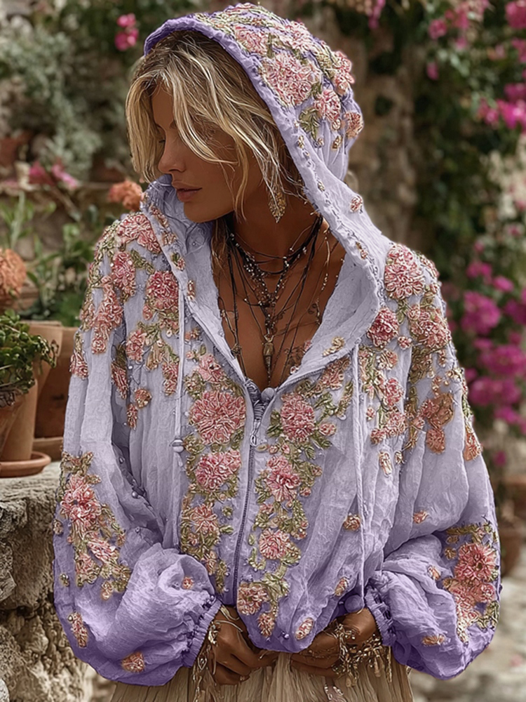 Bohemian Style Pink Rose Vintage Zip-up Hoodie