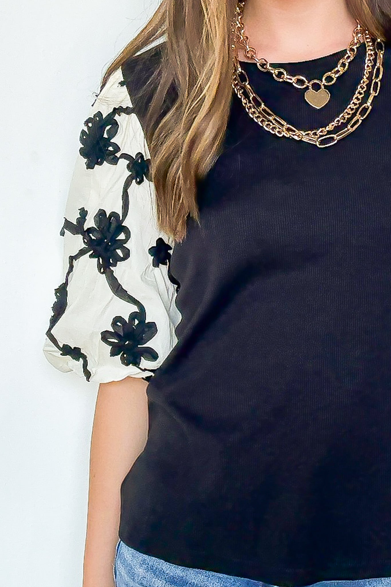 Mix Media Contrast Embroidered Knit Top