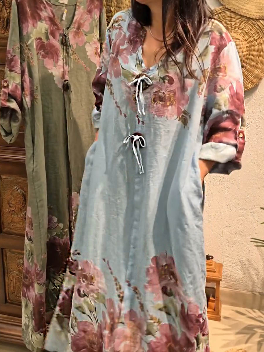 Women's V-neck Long Sleeve Vintage Positioning Print Casual Loose Cotton and Linen Dress