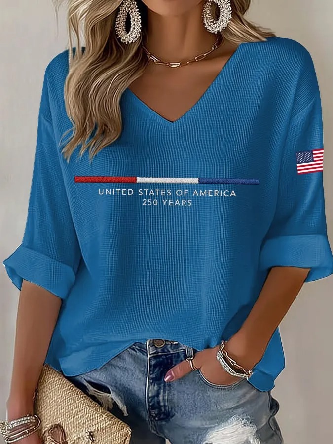 Women'S 250Th Anniversary Printed V-Neck Top For The Founding Of The United States