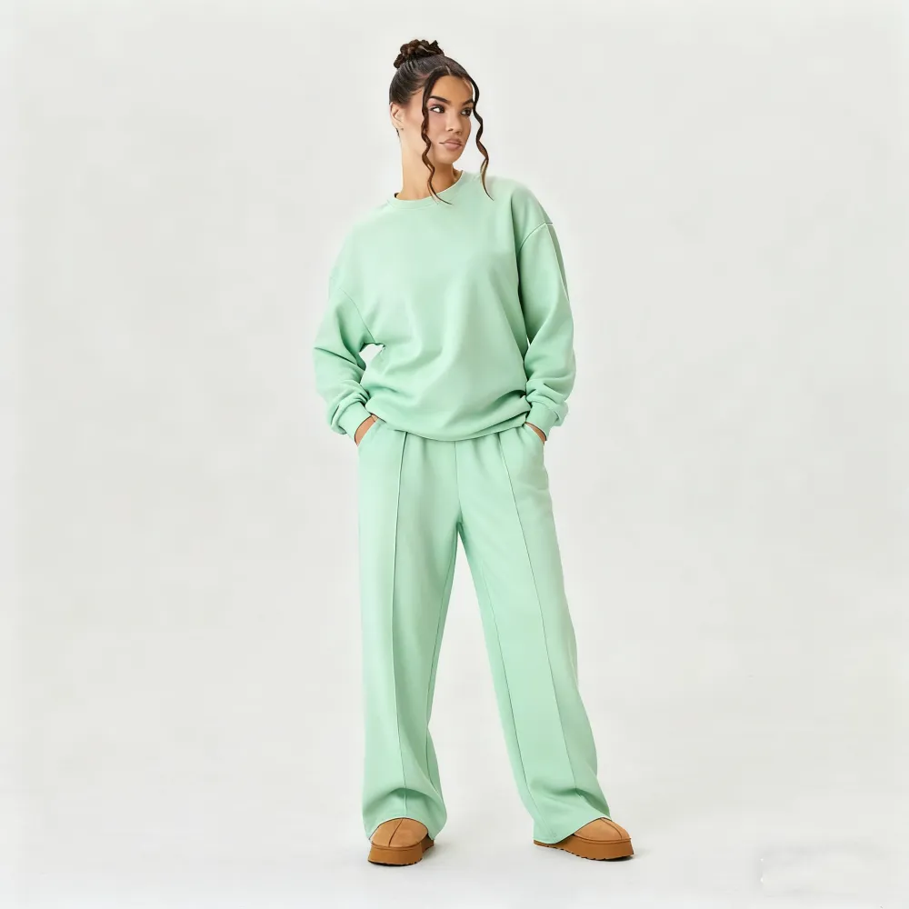 Women's Casual Solid Color Loose Long Sleeve Top & Exposed Stitches Trousers Co-ord