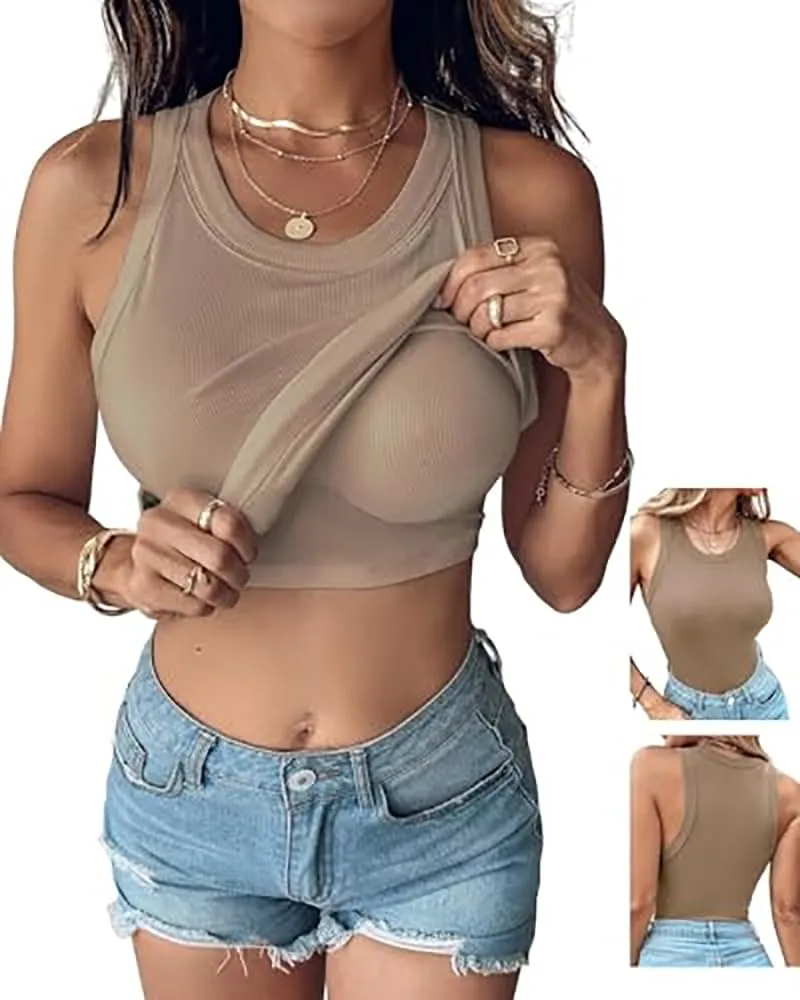Women Everyday Basic Ribbed Built-in Bra Tank