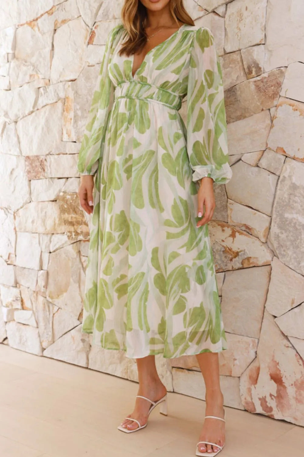 Printed V-Neck Long Sleeve Midi Dress