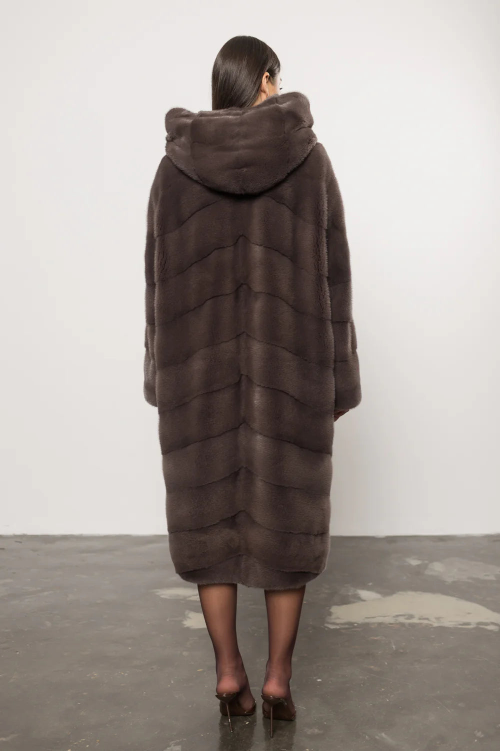 Palton din Blană Naturală de Vizon, cu Glugă, Femei, Aubergine Taupe 428