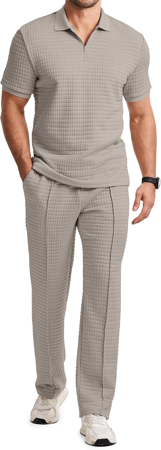 Mens Summer 2 Piece Outfits Short Sets Beach Waffle 1/4 Zip Polo Shirts Casual Loose Pant Loungewear