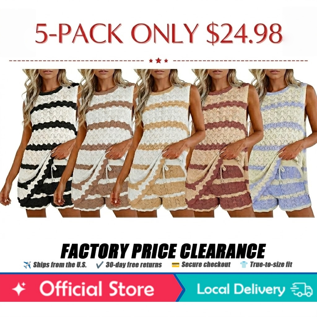 Womens Striped Crochet Knit 2 Piece Set
