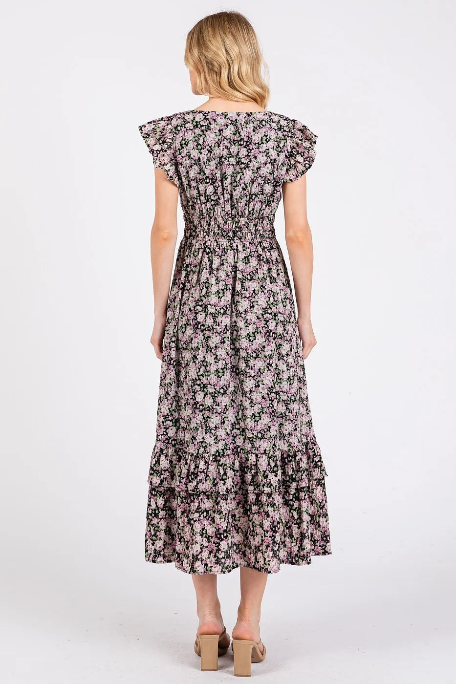 Mittoshop Flower Print Ruffle Cap Sleeve V-neck Midi Dress
