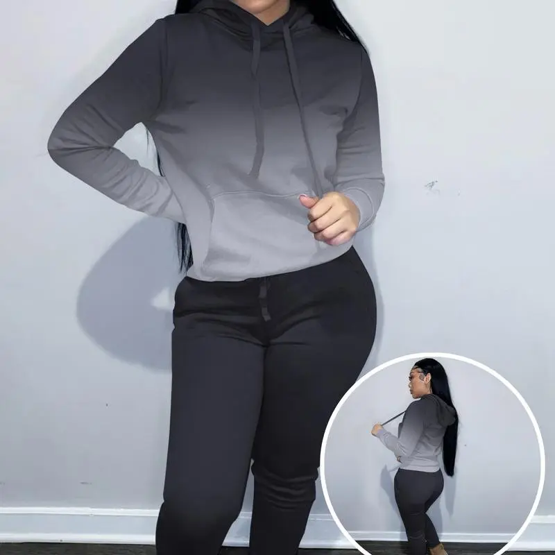 Women's Solid Drawstring Hoodie & Pocket Sweatpants Two-piece Set