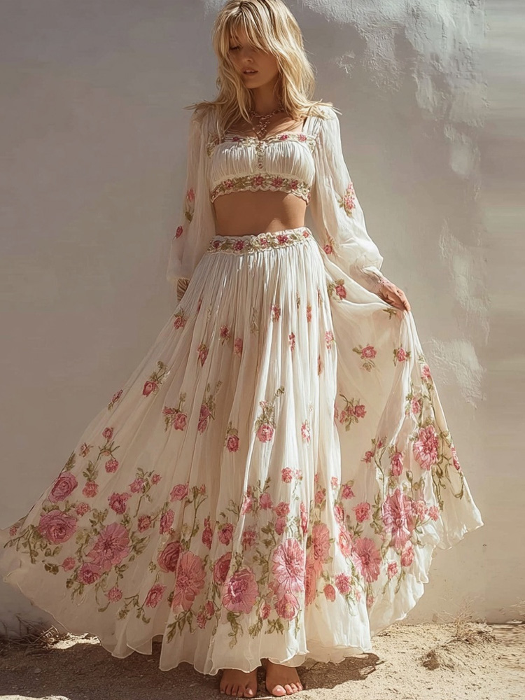 Vintage Boho Roses Art Pattern Flowy Linen Skirt