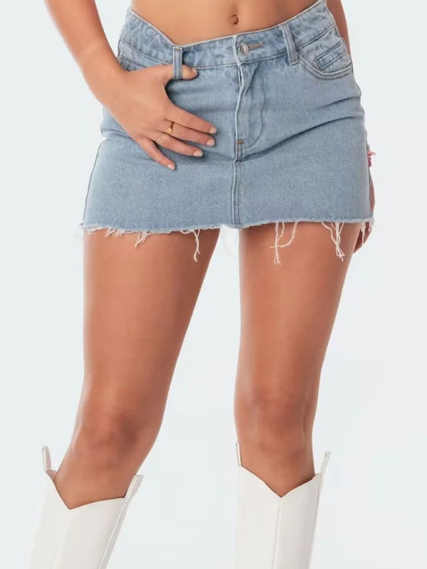 High-Waist Elastic Slim-Fit Distressed Edge A-Line Denim Mini Skirt