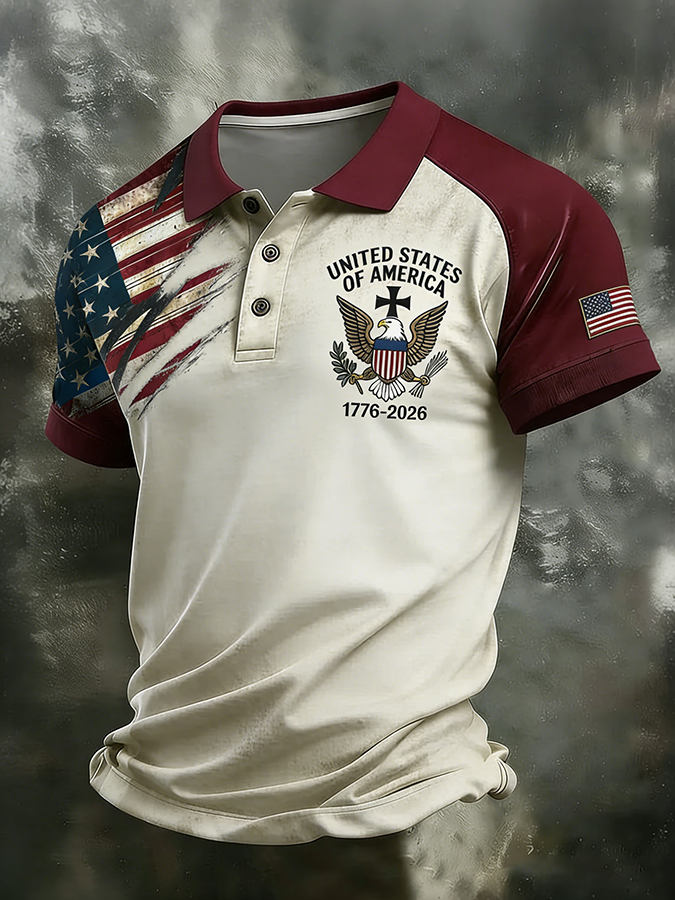 Men'S Retro 250Th Anniversary Celebration Of The Founding Of The United States, Raglan Collar Polo Shirt