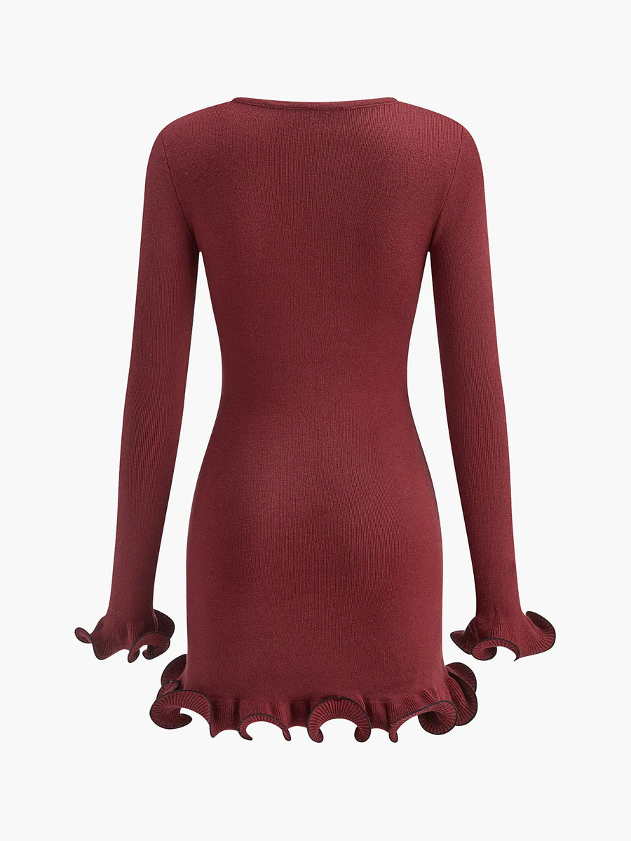 Women's Elegant Colorblock Wave Hem A-Line Long Sleeve Knit Dress, Fall & Winter Plain Pattern Tight-Fitting Casual