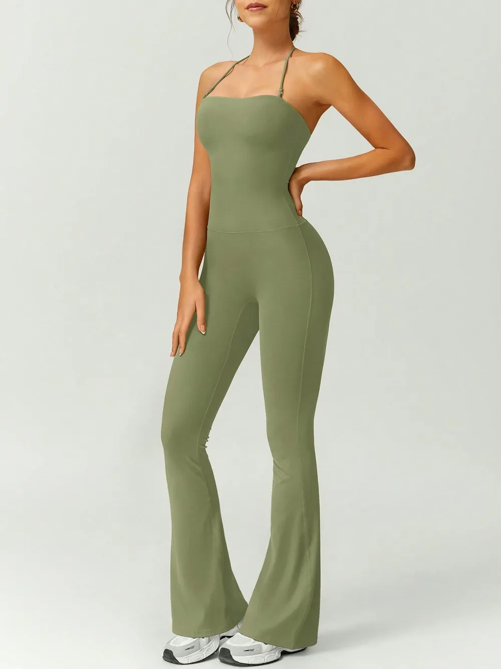 Women's Halter Neck Bodycon Flared Leg Jumpsuit